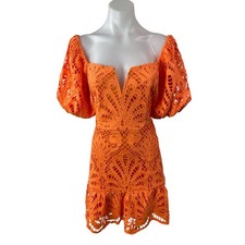 NEW Fashion Nova Key West Orange Floral Lace Puff Sleeve Mini A-line Dress Sz L