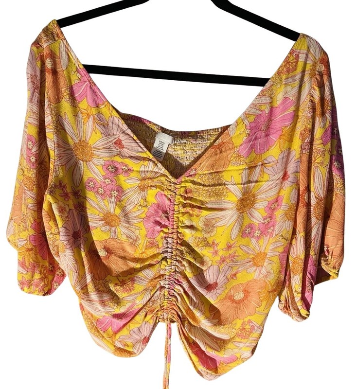 H&M Yellow Floral Cottage Peasant Boho Puffy Sleeve Crop Top Size XXL BLOUSE