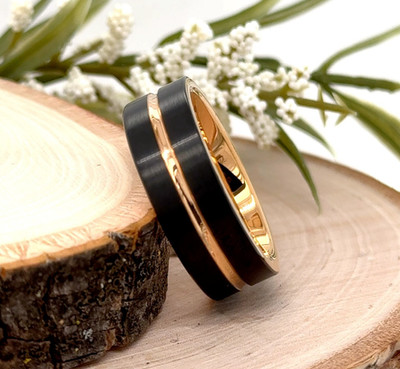 Rose Gold & Black 8mm Tungsten Band Featuring Grooved Brushed Polished Design