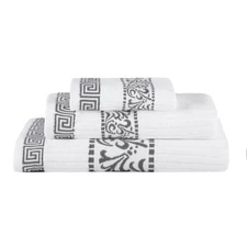 3-Piece Cotton Towel Set, Decorative Greek Pattern, Home Essentials, Absorben...