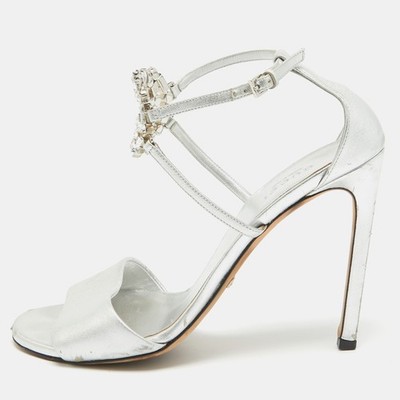 Gucci Silver Leather Crystal Embellished GG Logo Ankle Strap Sandals Size  - Main Image