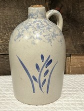 Vintage RRP Pottery Stoneware Jug Blue Leaf Design 8.75" Tall