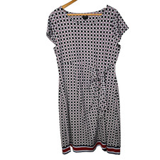 Talbots Dress Size XL Short Sleeve Tie Front Print Red Blue Nylon Spandex Womens