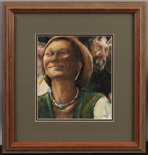 Signed CHRISTOPHER CART Maine Artist Watercolor Portrait Painting Smiling Woman