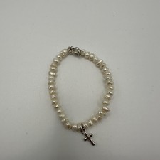 Infant Baby’s Freshwater Pearl Silver Cross Bracelet Baptism Christening 6” Gift