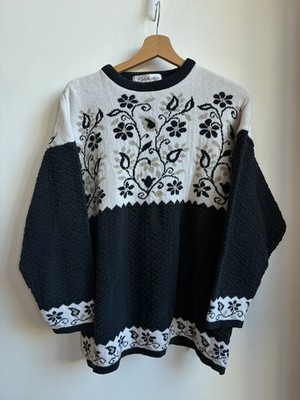 Vintage Blumenmuster schwarz weiß beige Strickpullover Pulli Gr. 16/18 