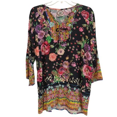 A&A Clothing Inc Floral Tunic Top Black Multi Color Boho Split Neck Tie EUC