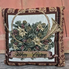 Merry Christmas Tapestry Throw Pillow Holiday Decor Gold Burgandy Poinsetta 