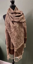 Pashmina Brown Paisley Scarf / Wrap / Shawl 70% Pashmina 30% Silk