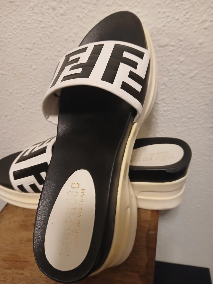 F Monogram (Hữu Phước) Black and White Leather open toe Wedge Sandals - Size 7.5 - Image 2 of 4