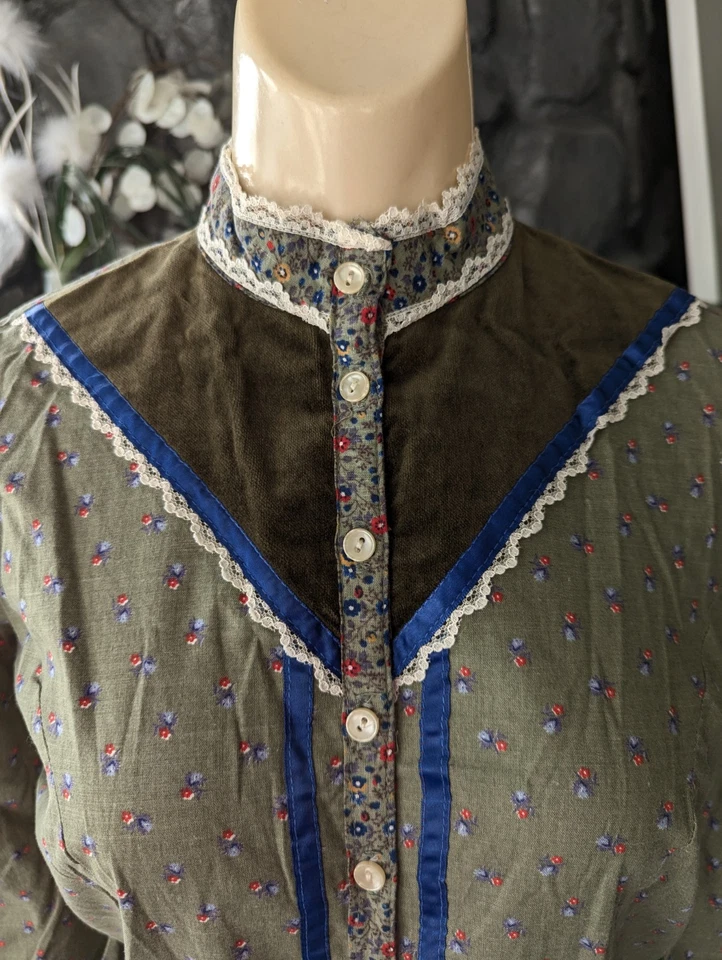 Vestido De Colección Años 70 Eber San Francisco Floral Pradera Talla 11 Verde Oliva Cottage Romance Foto 3 de 4