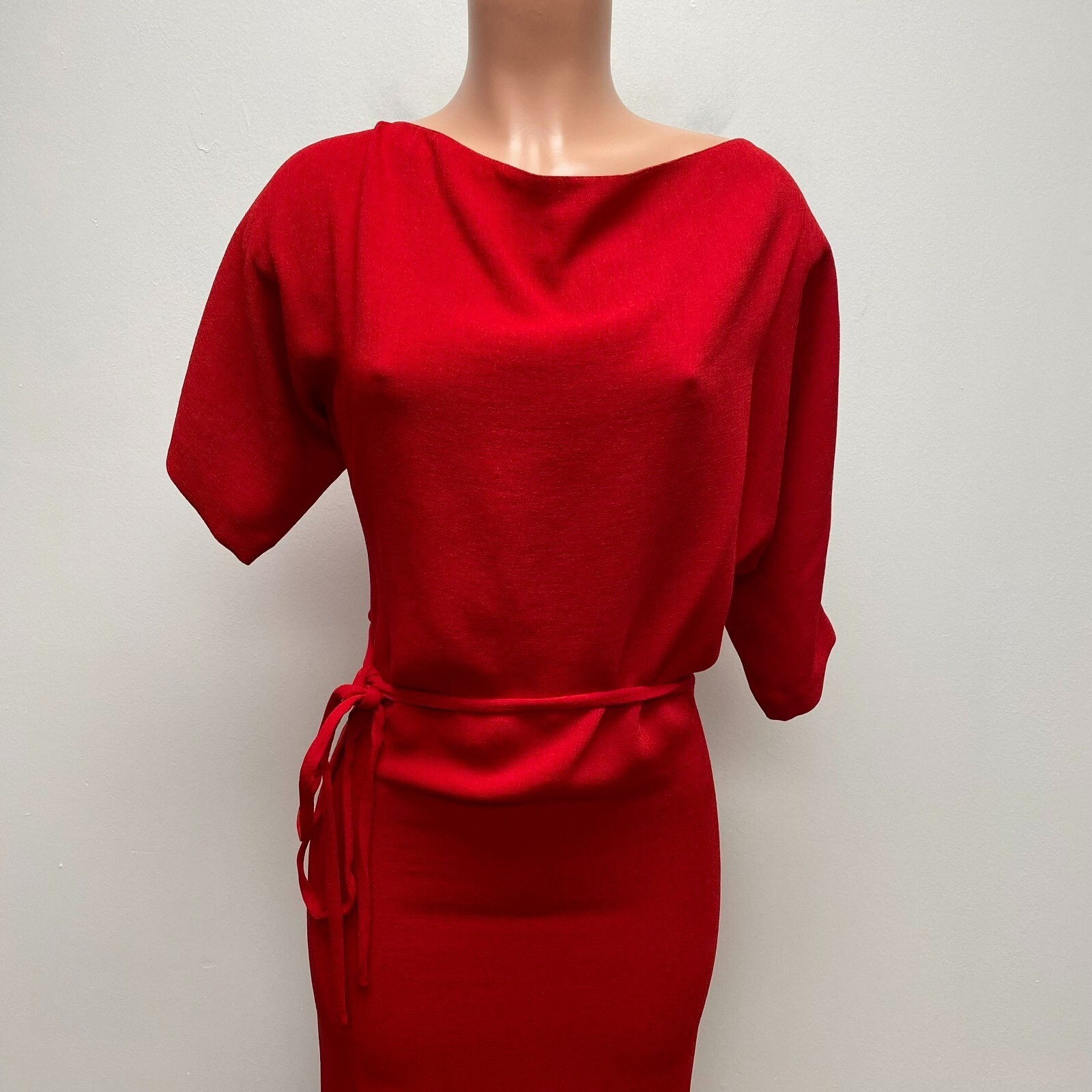 Zara Womens Red Boat Neck Long Belted Side Slit Pullover Sheath Midi Dress XS thumbnail 2