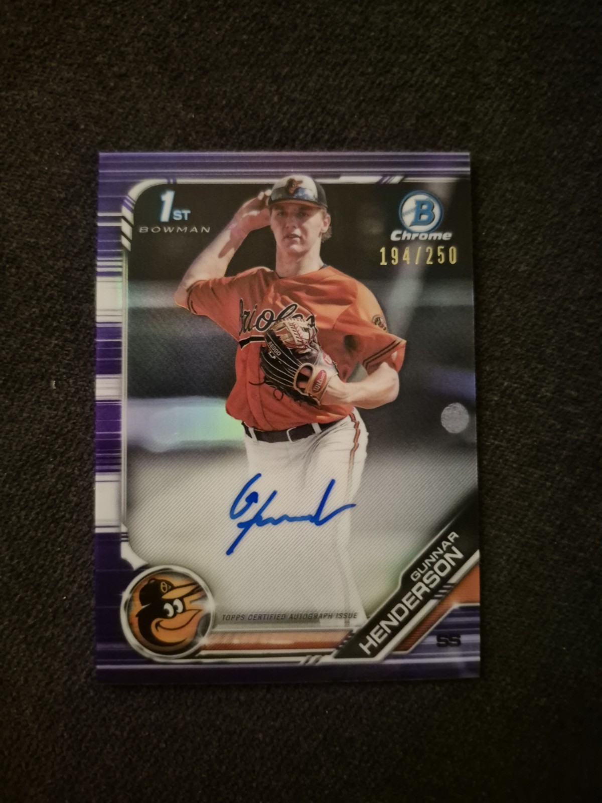 Gunnar Henderson 2019 Bowman Chrome Draft Auto Purple Refractor