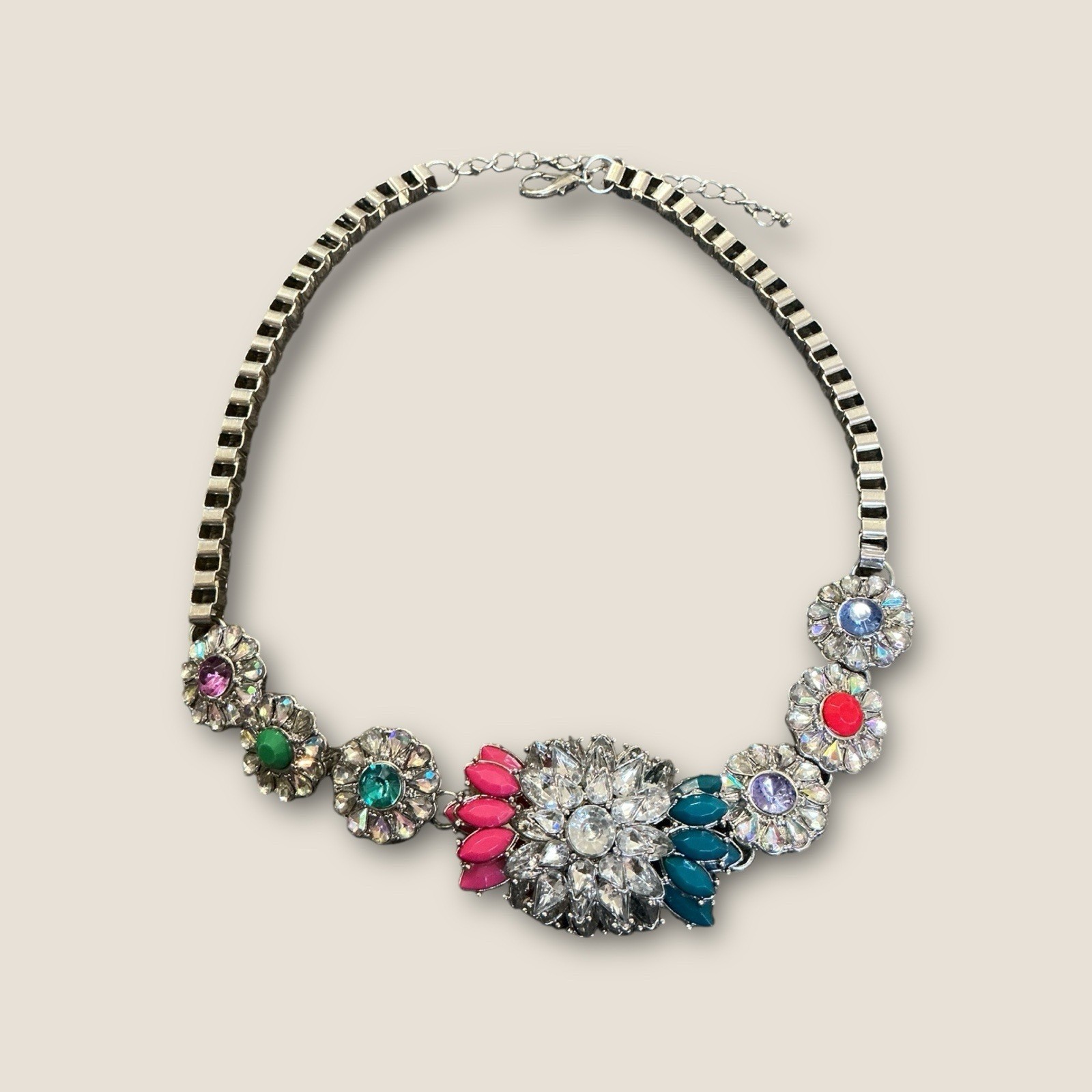 Large Silver Tone Multicolored Rhinestone Bold Fl… - image 2