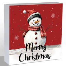 Merry Christmas Decorations Snowman Snowflakes Wood Box Sign Gift 5.9 x 5.9 Inch