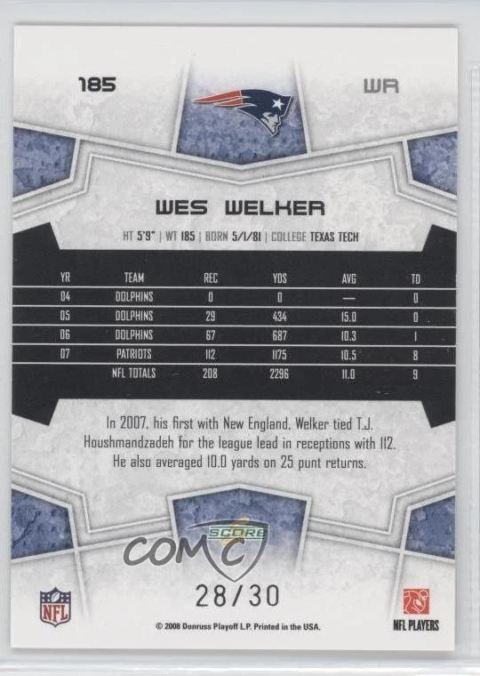 2008 Score Select Red Zone /30 Wes Welker #185 - Image 2 of 2
