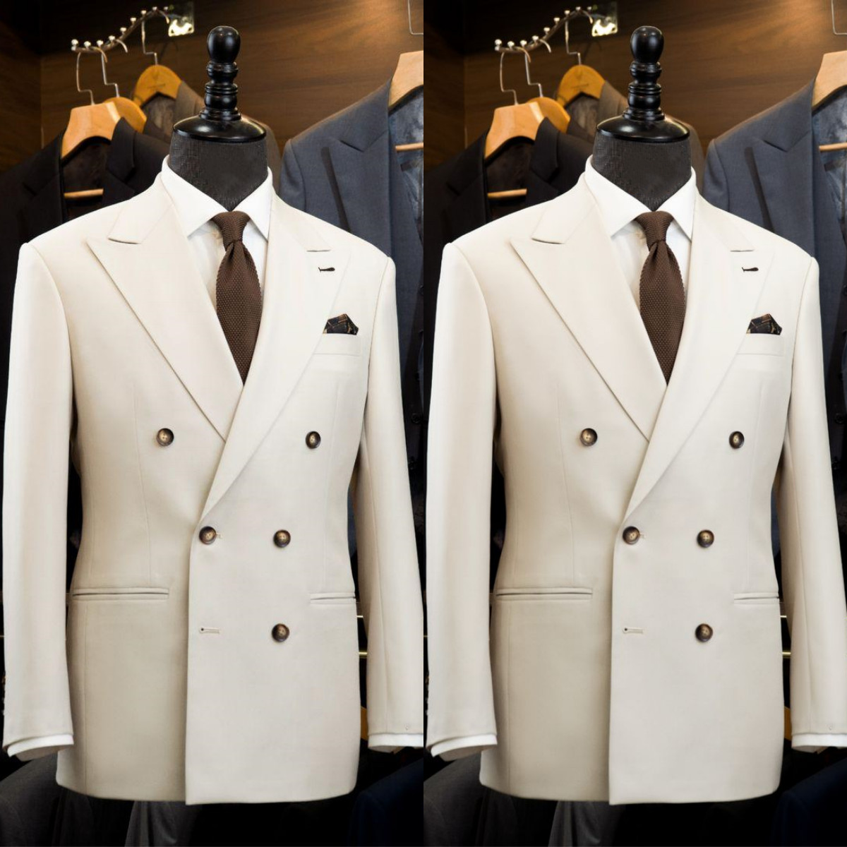 Formal Men's Suit Double Breasted White Beige Wedding Groom Tuxedo Jacket 2Pcs