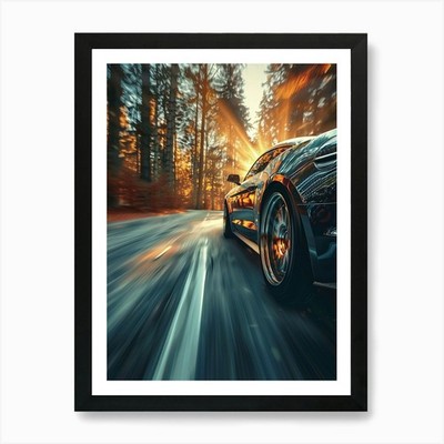 Rasender Sportwagen im Wald 1 gerahmtes Wandbild Poster Leinwanddruck Bild