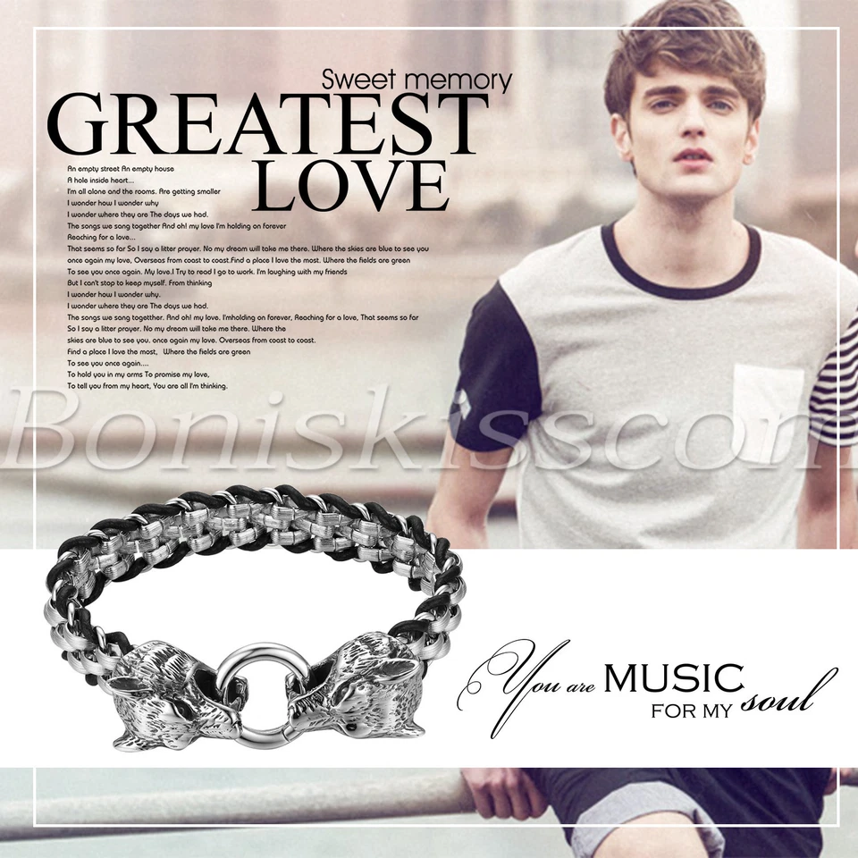 Cadena pulsera de cuero trenzado doble cabeza de lobo de cuero de acero inoxidable para motociclista para hombre Foto 3 de 4