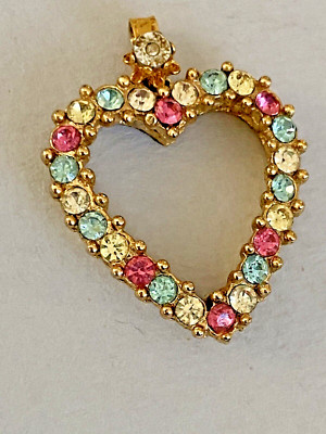 Vtg Sparkling Pastel Blue Pink Valentine Heart Gold Tone Necklace