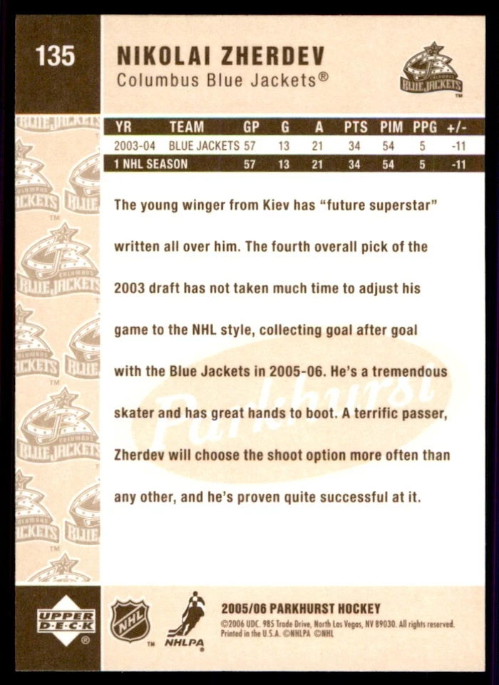 2005-06 Parkhurst Nikolai Zherdev Columbus Blue Jackets #135 - Image 2 of 2