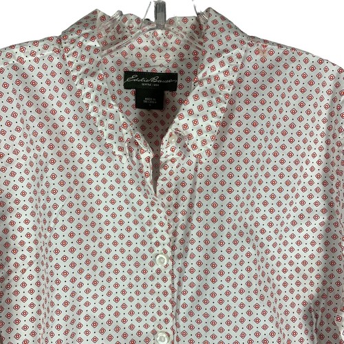 Eddie Bauer Womens Size L Shirt 3/4 Sleeve Button Down Geometric Red White - Picture 3 of 10