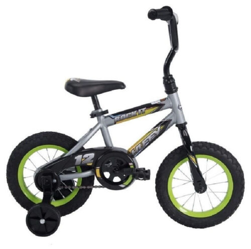12in Huffy Rock It Boy Bike, Silver And Lime Kids Bike