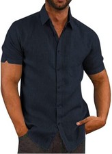 Men's Linen Button Down Shirt Short Sleeve Summer Casual Beachwear Spread Collar