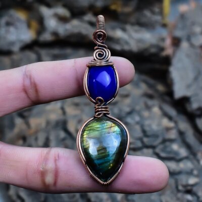 Labradorite, Blue Onyx Copper Wire Wrapped Gemstone Jewelry Pendant 2.8'' PCRB2