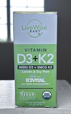 LiveWise Baby Vitamin D3 + K2- Drops- 1 Fl Oz- 400iu D3 + 5MCG K2- Vegan Friendl