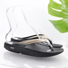 Oofos Women's OOlala Sandal Size 10 Recovery Thong Slide Latte Brown Black Shoe