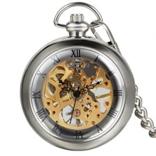 Men Pocket Watch Open Face Mens Skeleton Hand Winding Mechanical w Chain