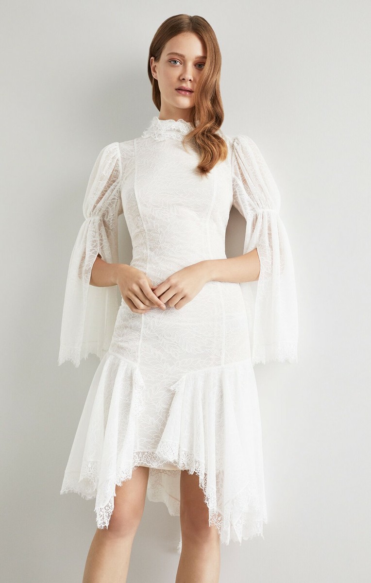 $598 NWT BCBGMAXAZRIA Sz6 ASYMMETRICAL LACE SLIT SLEEVE
