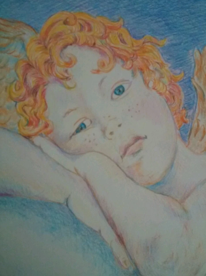 Lápiz de color original dibujo querubín "pensamientos celestiales" RAMfish artista  Foto 2 de 4