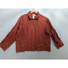 Coldwater Creek Silk Jacket Women's M Rustic Brown Embroidered Floral Button Up
