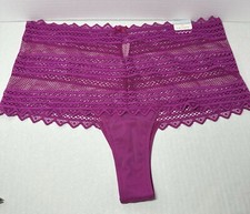 Cacique women's Contrast Lace Wide-Side Thong lace trim pink plus size 14/16