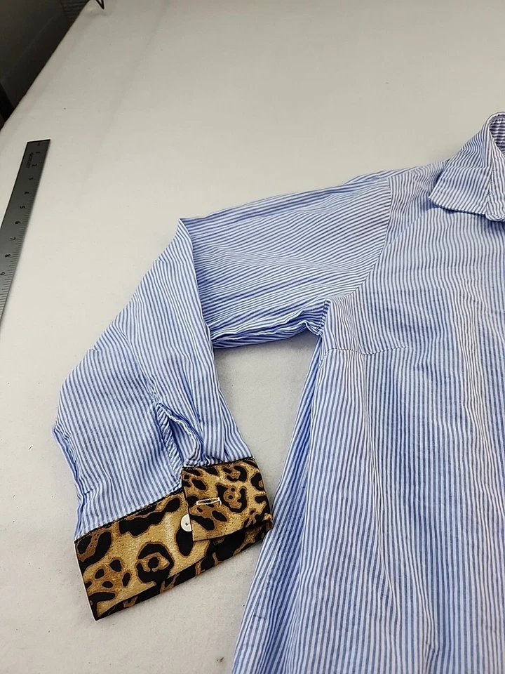 L&B Lucky & Blessed Womens Medium Blue Striped Long Sleeve Cotton Shirt — 第 3/4 张图片