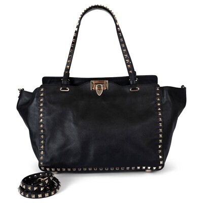 70390 auth VALENTINO black leather ROCKSTUD MEDIUM TOTE