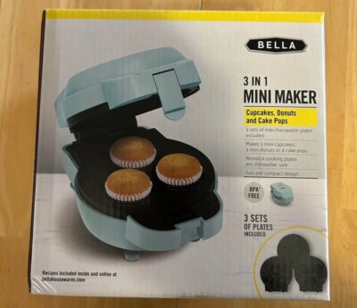 BELLA 3 in 1 Mini Treat Maker, Aqua-Makes Cupcakes-Cake Pops & Donuts, New-Small