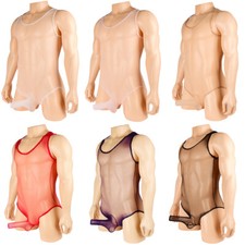 Men One-piece See Through Sheer Mesh Lingerie High Cut Leotard Singlet Jumpsuit  