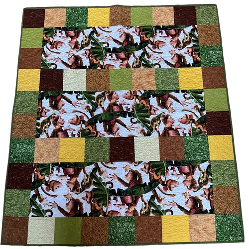 Jungle Monkey Toddler Child Patchwork Quilt Handmade Green Brown Cotton 46 x 52