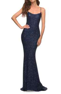 La Femme Navy Blue Sequin Trumpet Gown Size 12 Orig $418