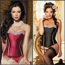  RICH Satin Red OR Black Corset with PINK Lace & Matching Thong~