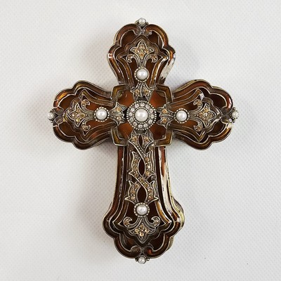Brown Metal Enamel Jeweled Trinket Box Cross Rhinestones Pearls Religious 4.5''