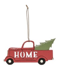 35041 Home red truck with tree wood ornament