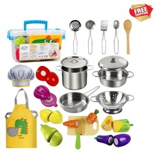 Play Kitchen Accessories, Wooden Play Food, Cooking Set with Stainless Steel ...