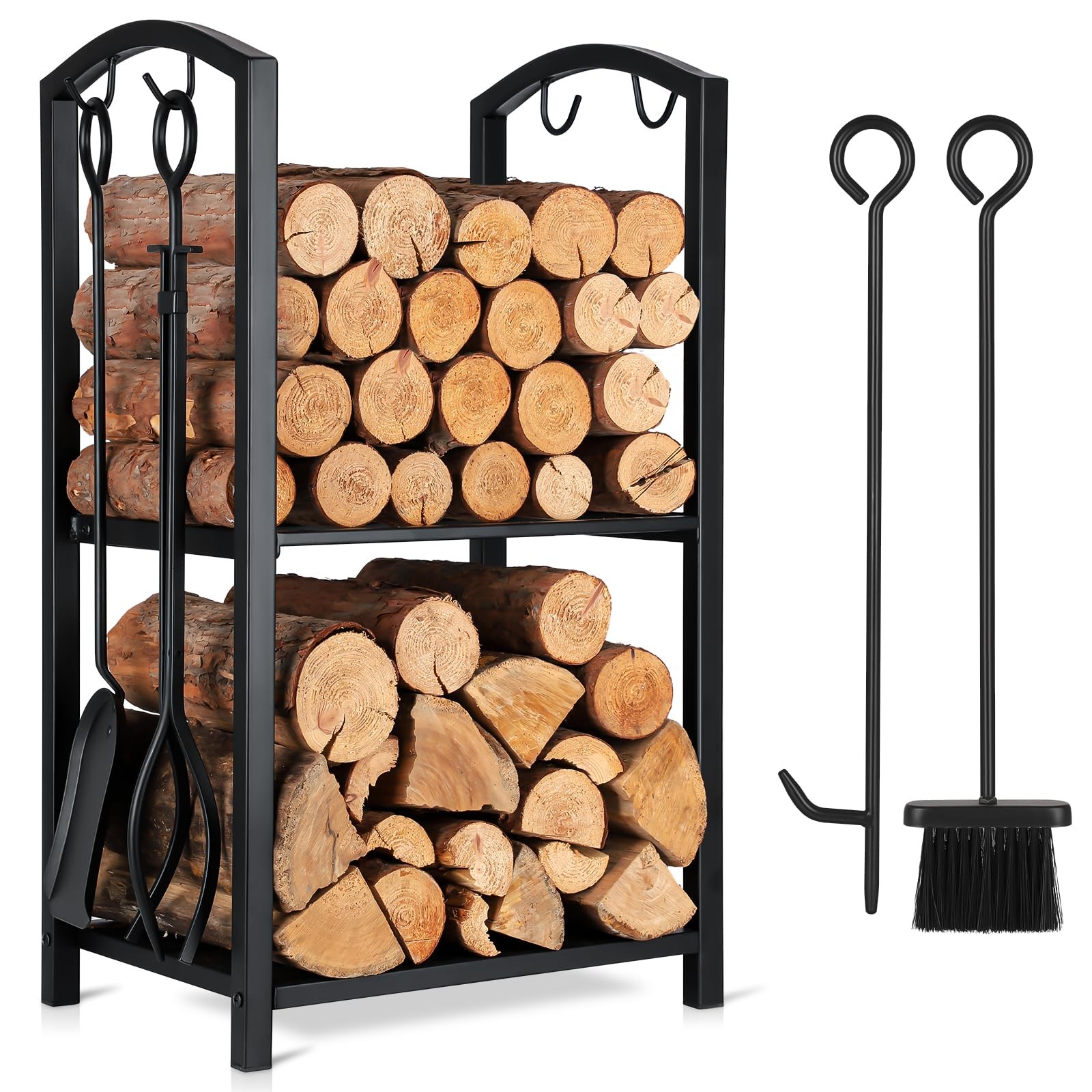 Firewood Rack Indoor Outdoor with Tools, 5-Piece Fireplace Tools Set, Firepla...
