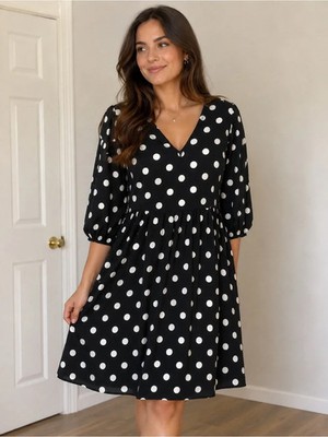 Ava & Viv Women s 1X Black White Polka Dot Dress V-Neck 3/4 Sleeve Plus Size