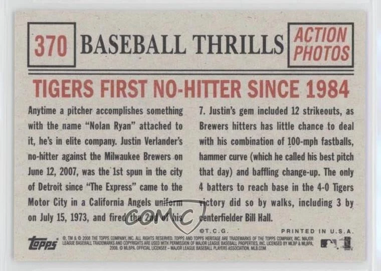 2008 Topps Heritage Baseball Thrills Black Back Justin Verlander #370 - Image 2 of 2