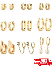 9 Pairs Gold Chunky Hoop Earrings Set for Women14K Gold Plated